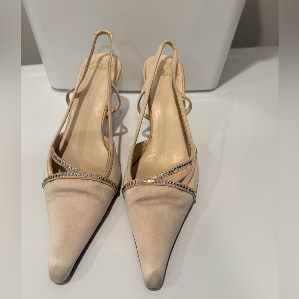 Delman Cream Satin Slingback Heels with Rhinestone Detail